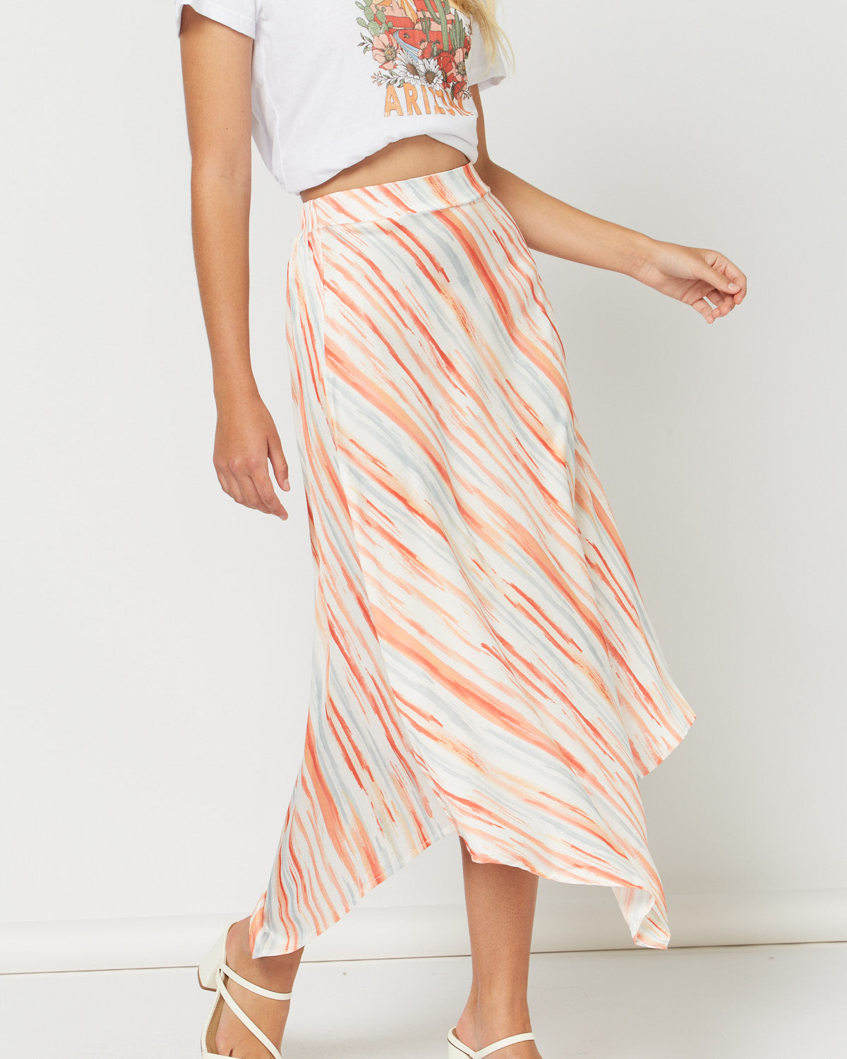 Caroline Asymmetrical Hem Orange Midi Skirt