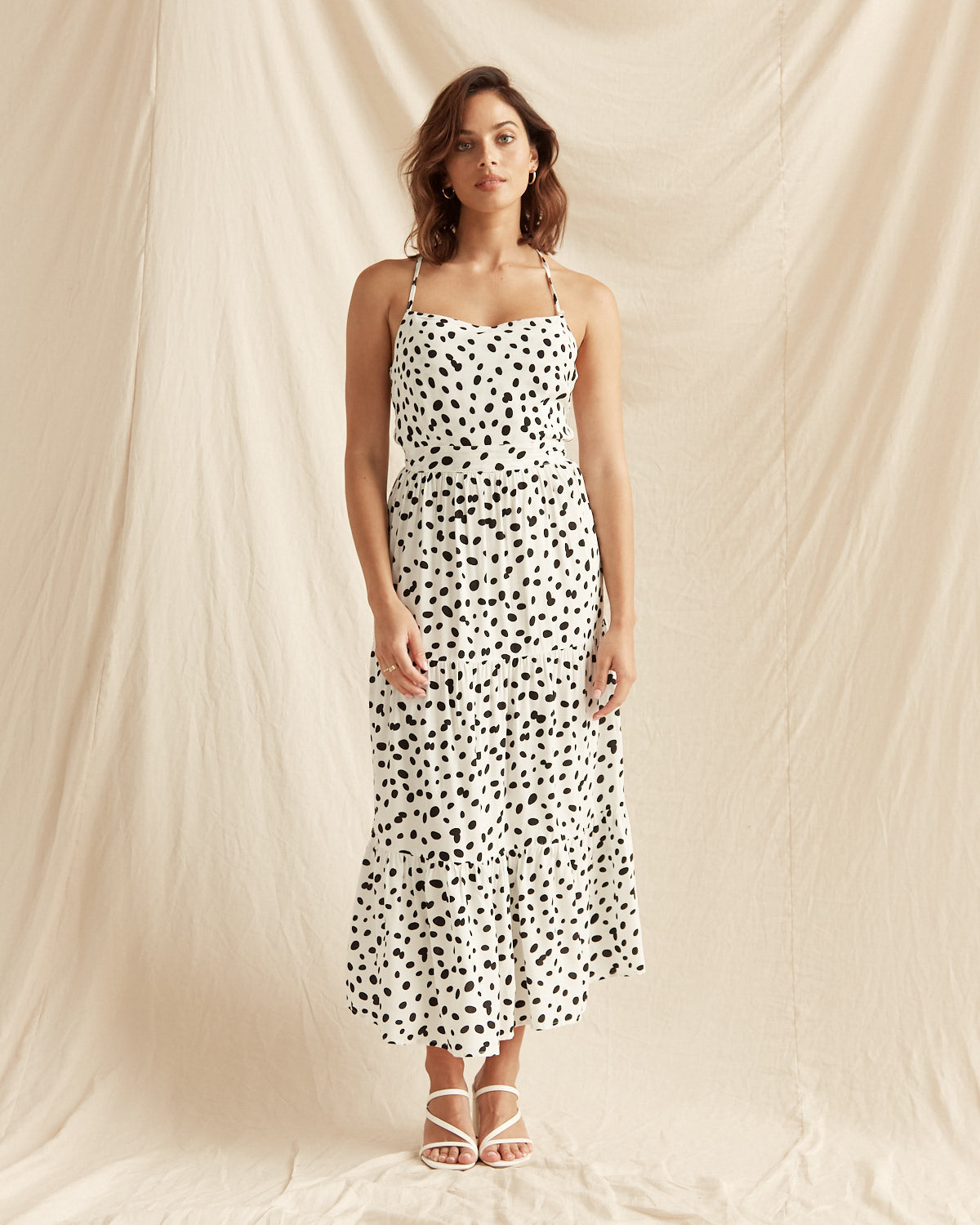 White maxi dress with black polka dots Clearance