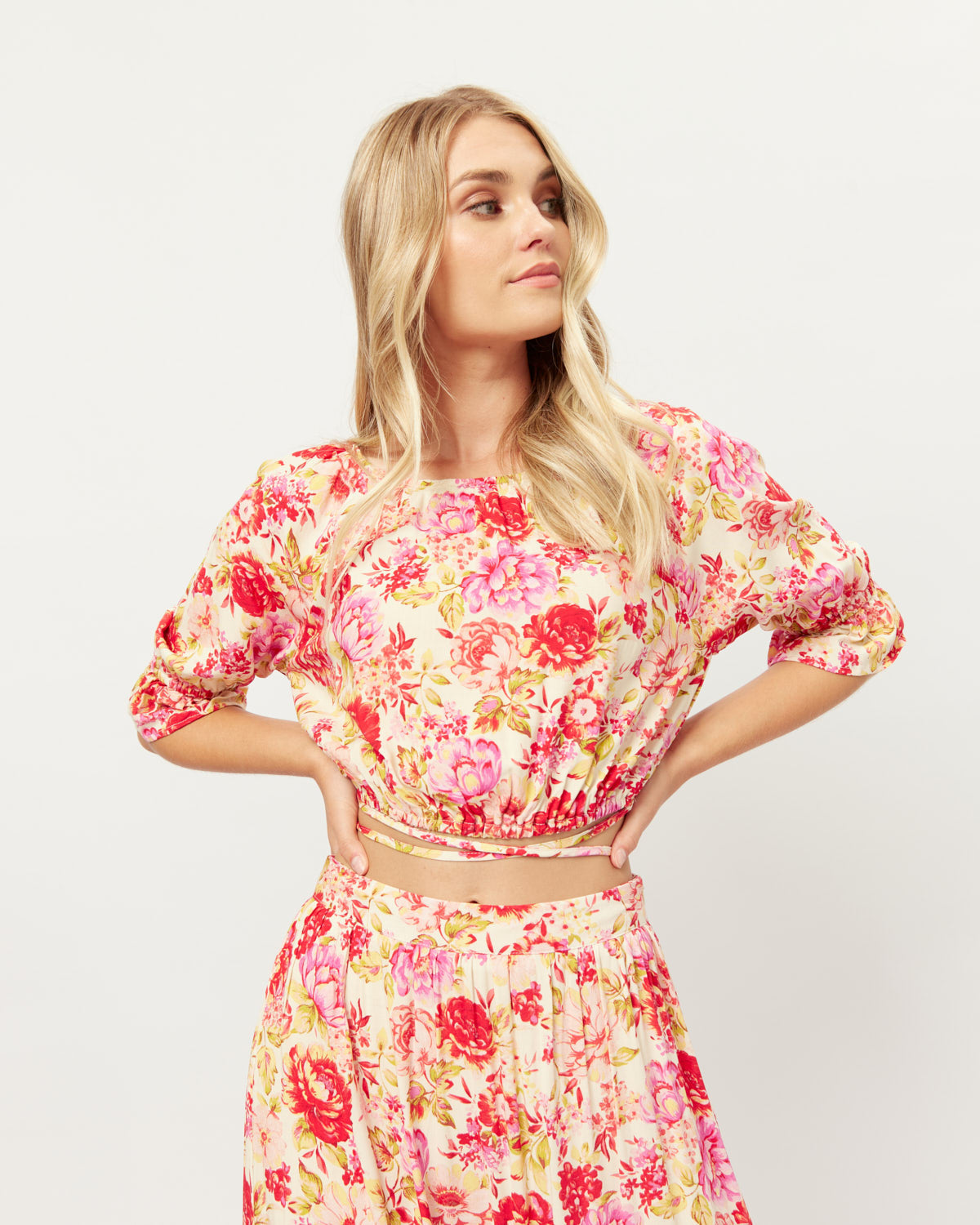 Elena Co-Ord Puff Sleeves Red Floral Crop Top