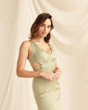 Woman wearing the gianna v neck waist cut out midi dress