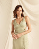 Woman wearing the gianna v neck waist cut out midi dress