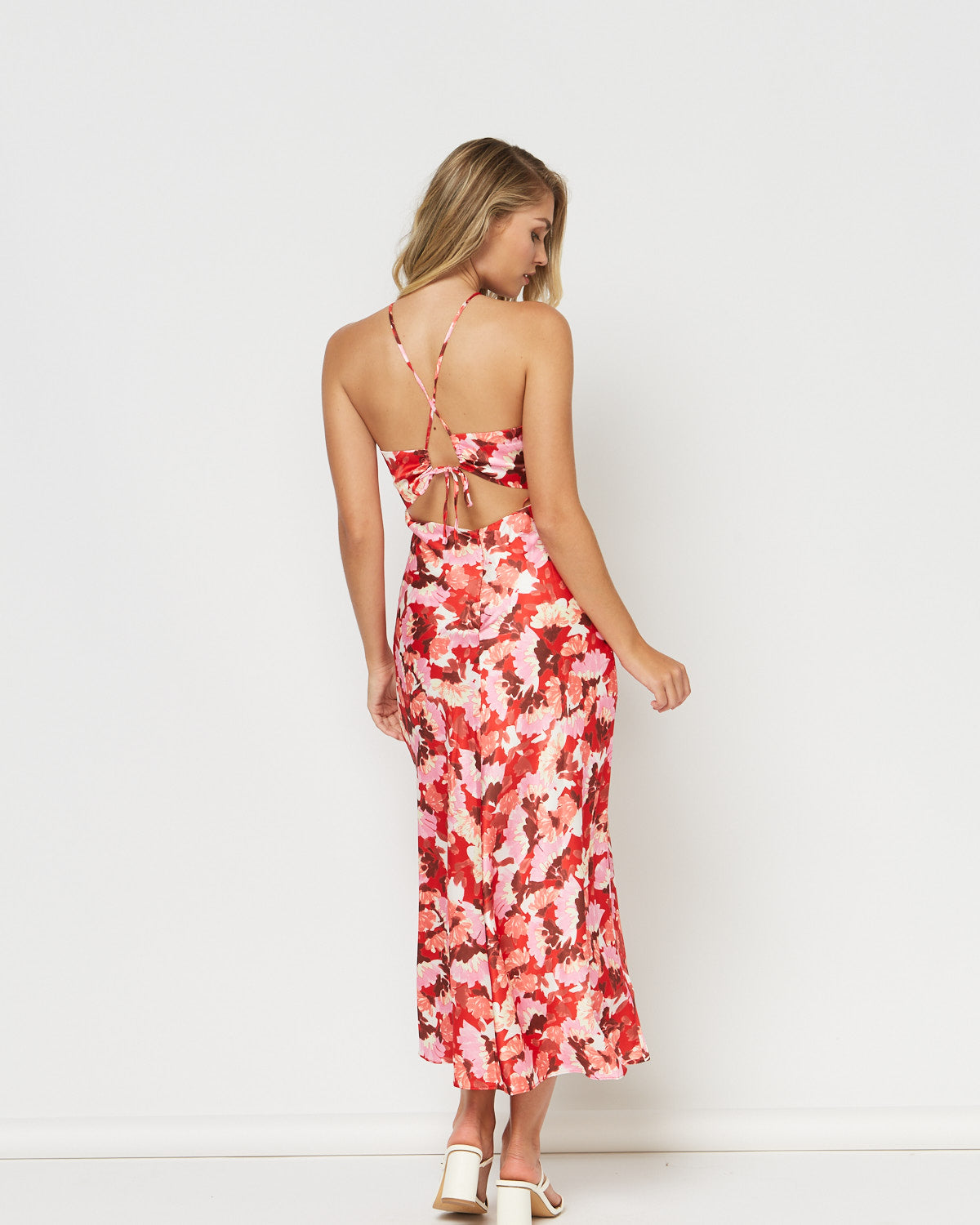Gloria Red Floral Cut Out Floral Midi Dress