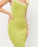 Close up of the ingrid green bodycon mini dress