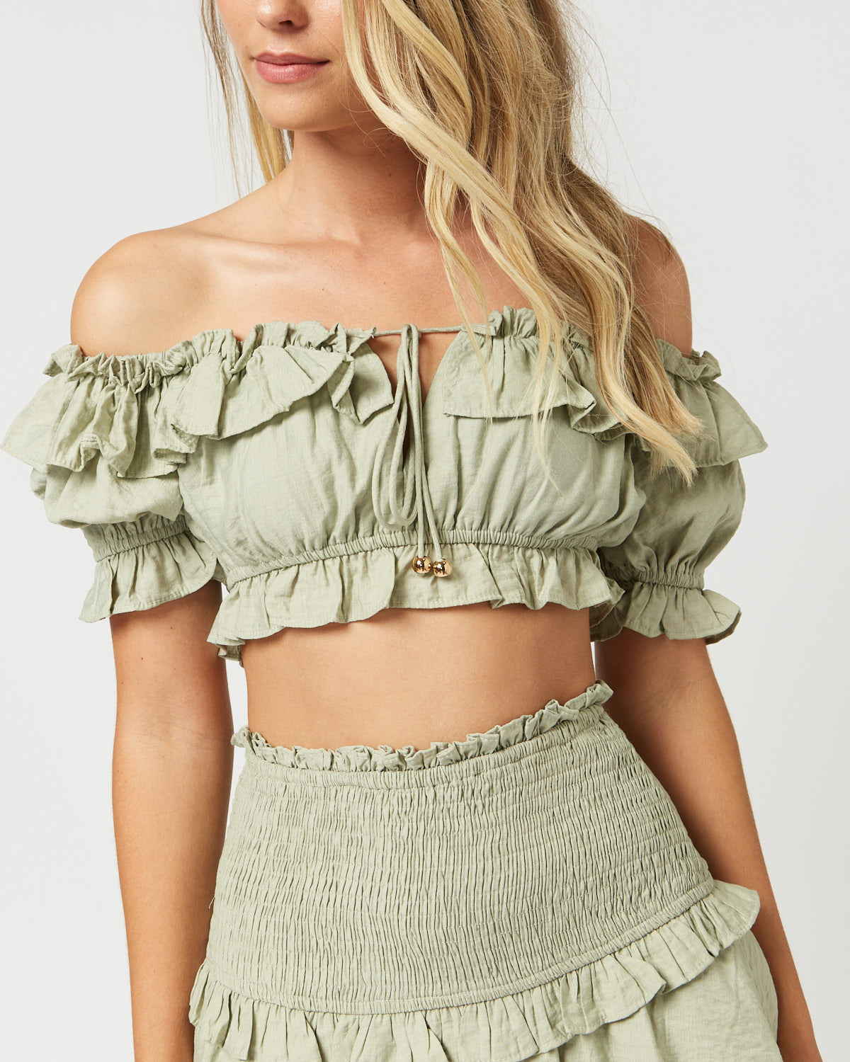 Close up of the josie green co ord shirred off shoulder crop top