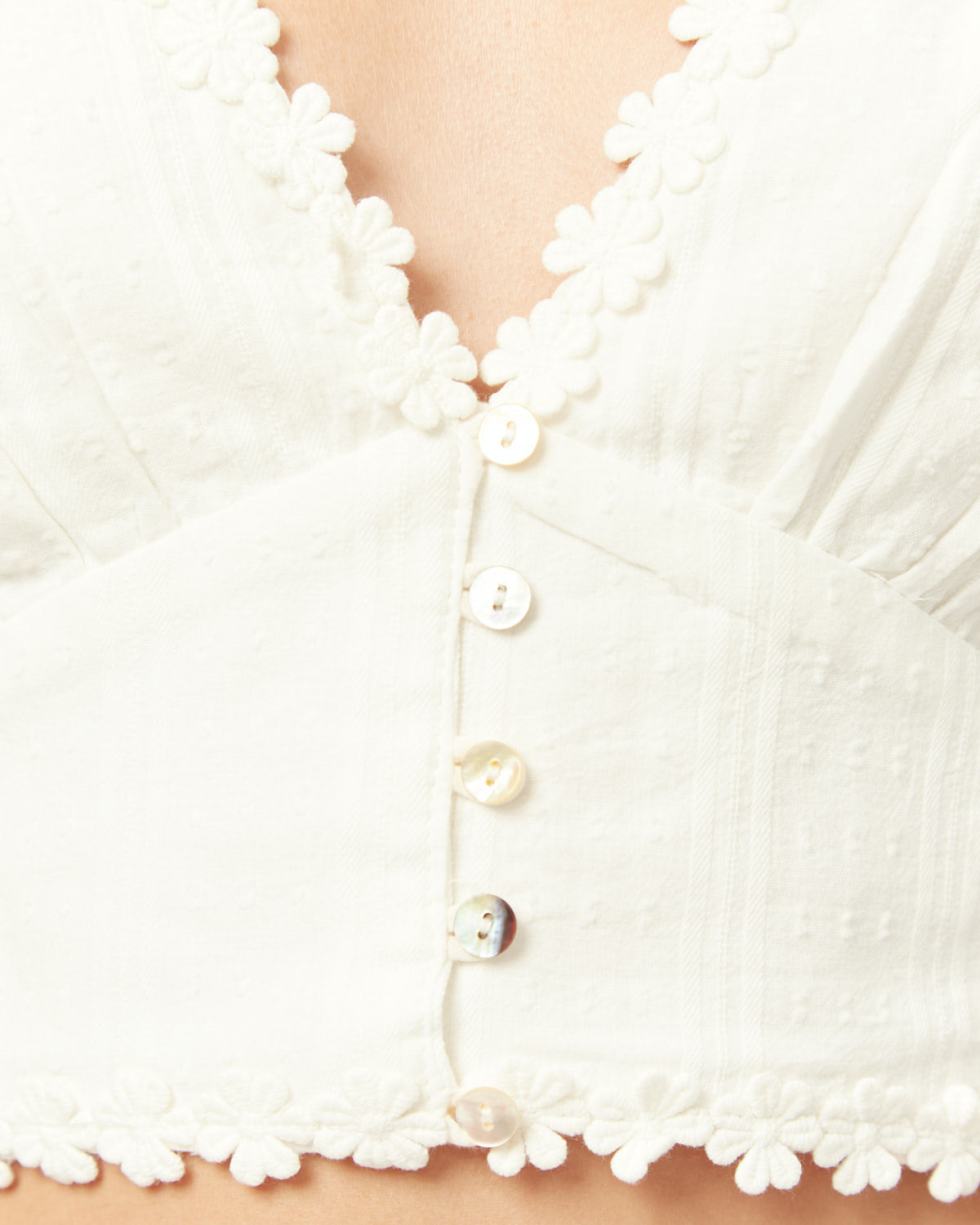 Close up of the kimberly v neck button down white top