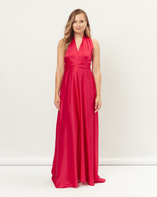 Woman wearing the leah red infinity maxi dress