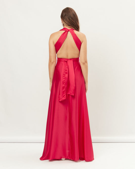 Woman wearing the leah red infinity maxi dress