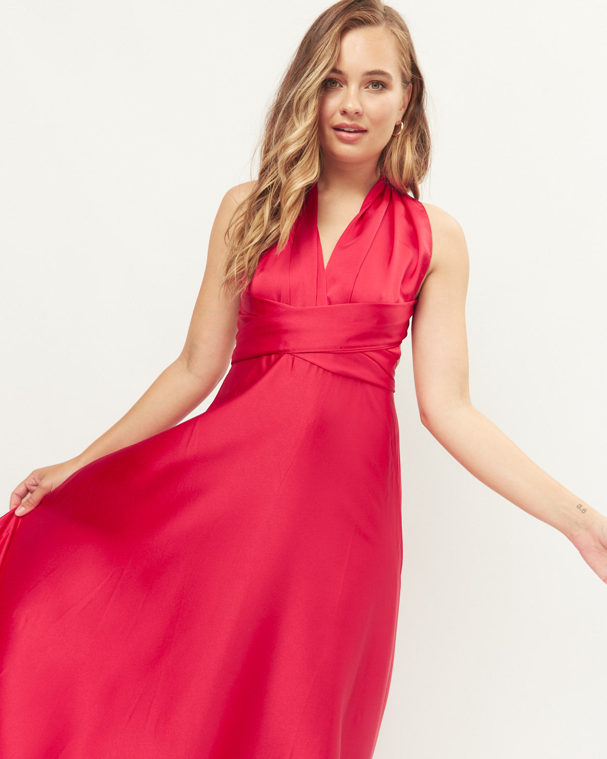 Woman wearing the leah red infinity maxi dress