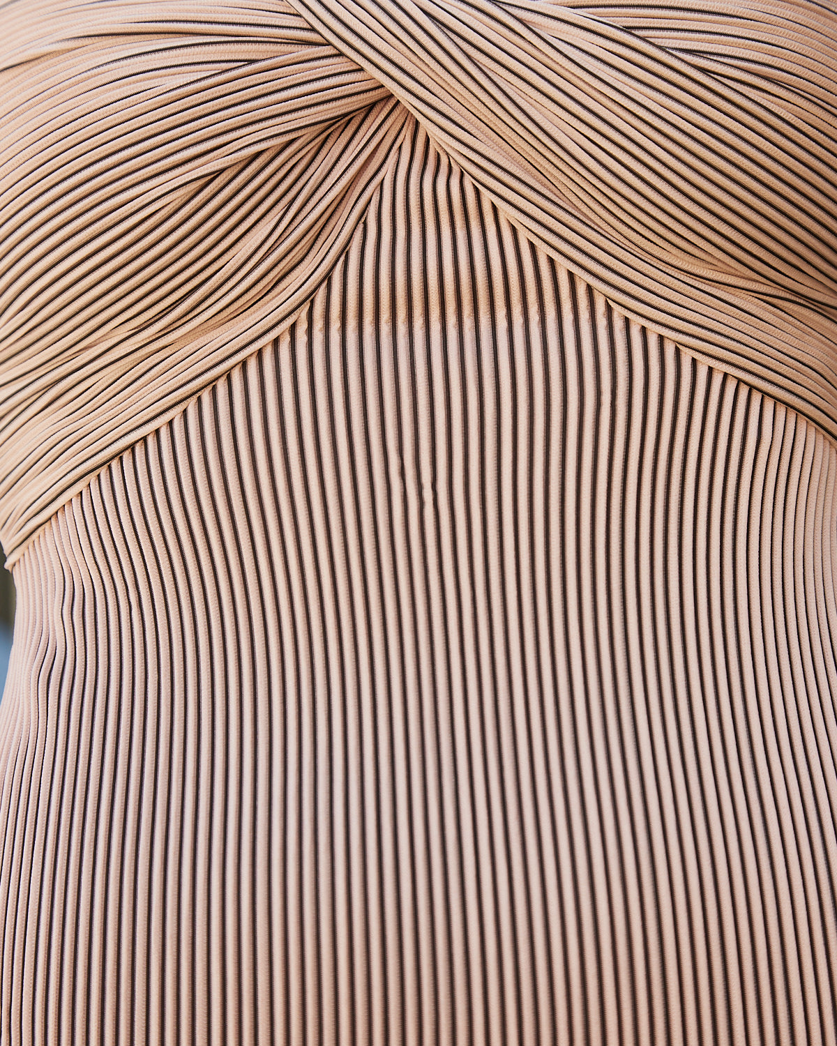 Close up of the sofia twist front sand midi dress