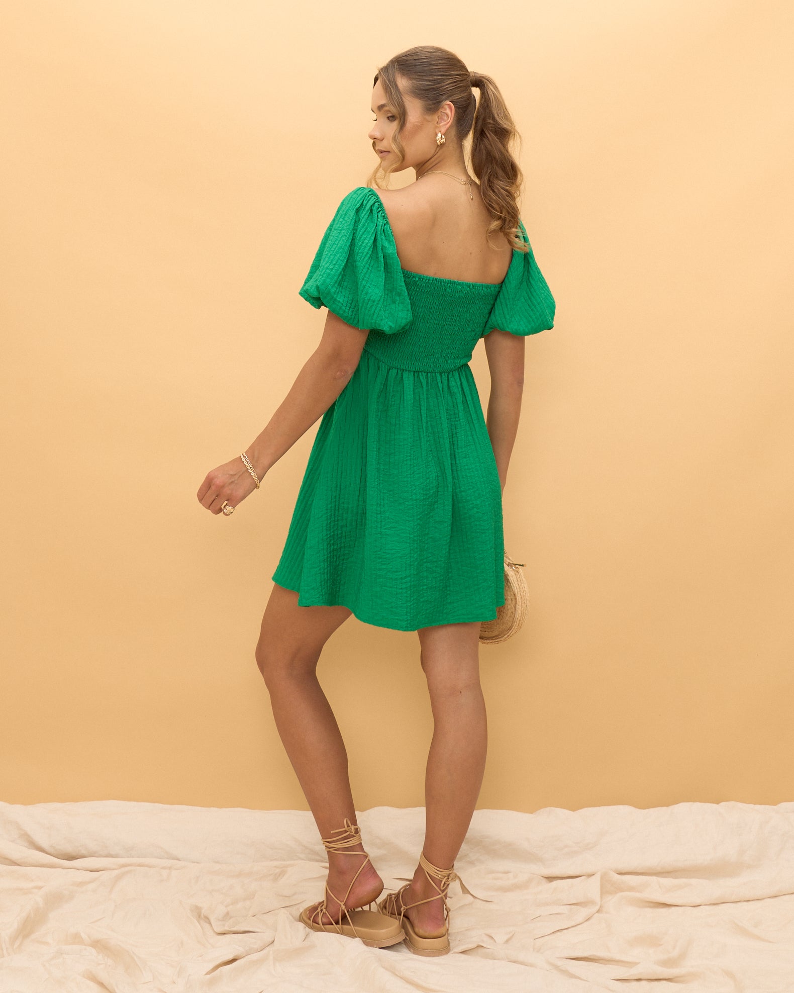 Valentine Green Puff Sleeve Mini Dress