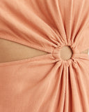 Close up of the xiomara cut out sand mini dress